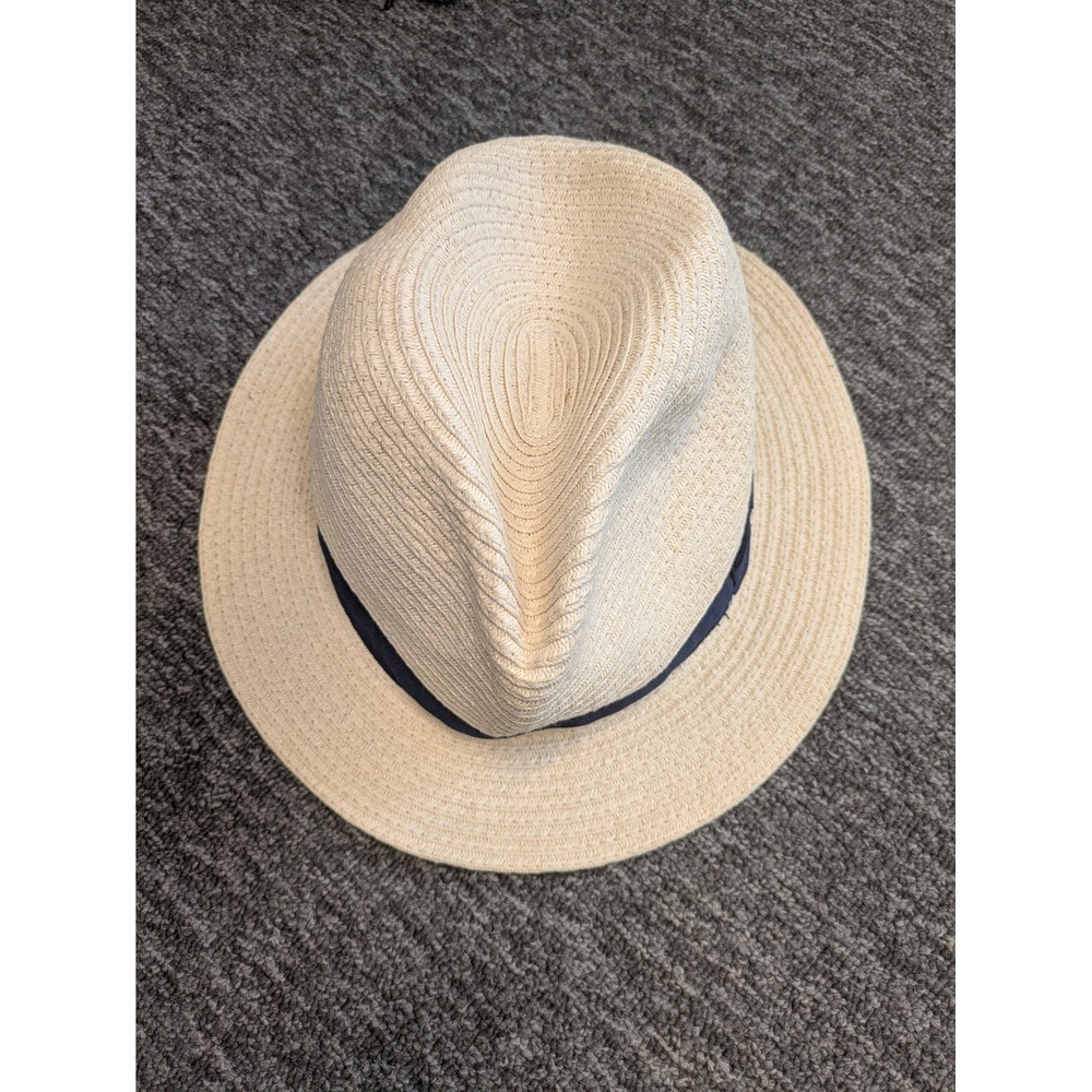Gap Fedora Hat Women's M/L Beige Navy Blue Ribbon Bow Paper Straw‎ Style
